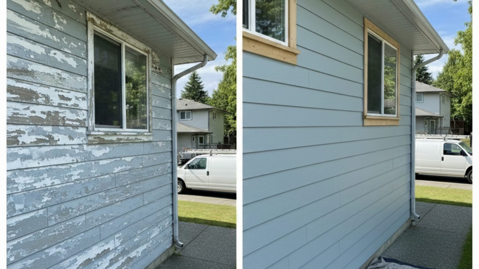 Before and after exterior surface preparation showing a Kelowna home cleaned, sanded, and ready for painting