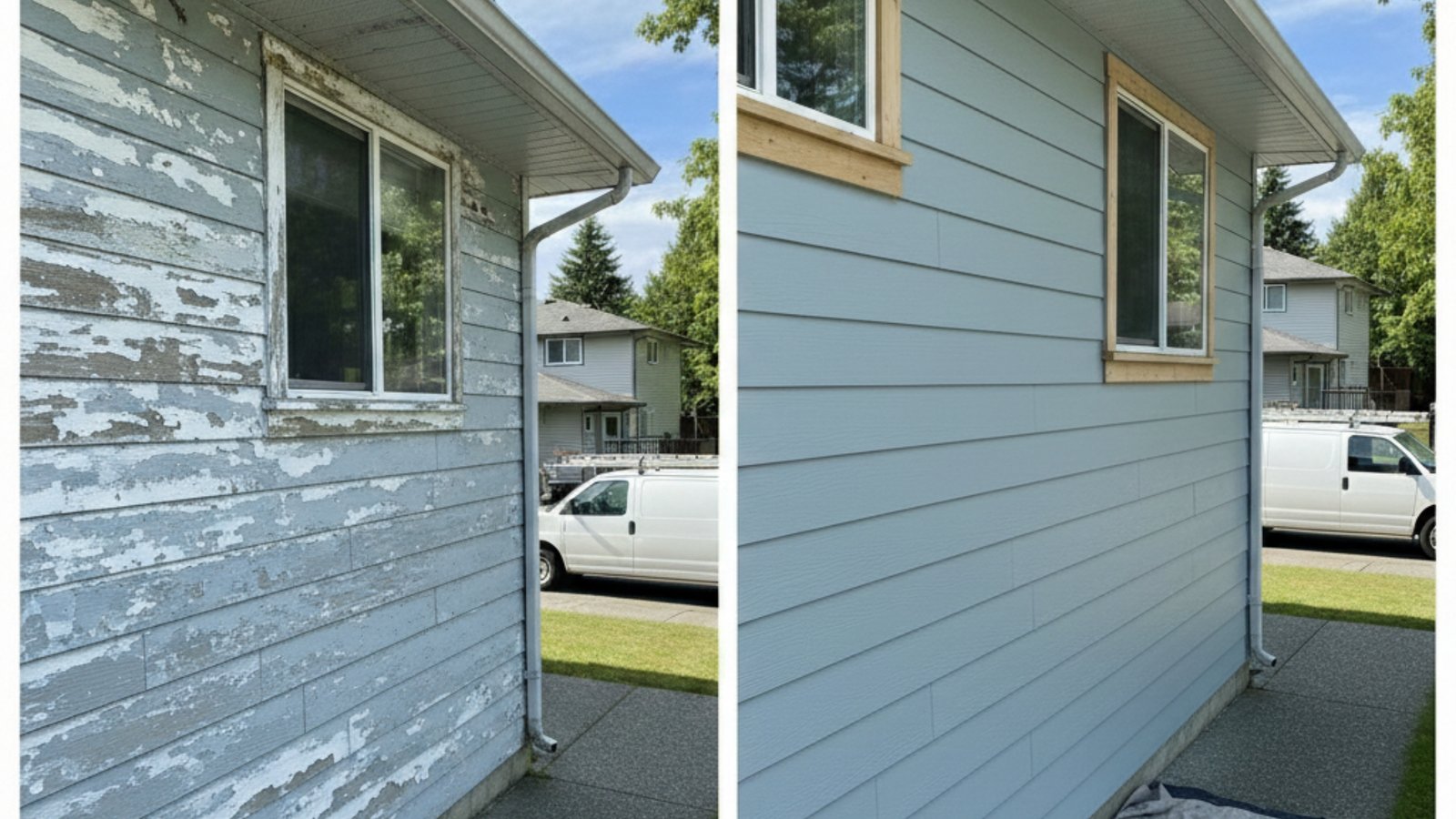 Before and after exterior surface preparation showing a Kelowna home cleaned, sanded, and ready for painting