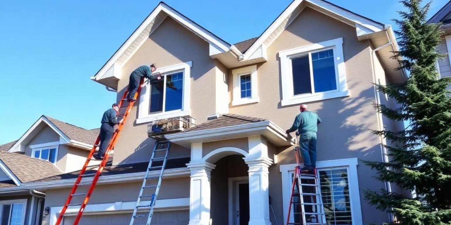 A beautiful Kelowna home with professional painters working on the exterior or a freshly painted interior.