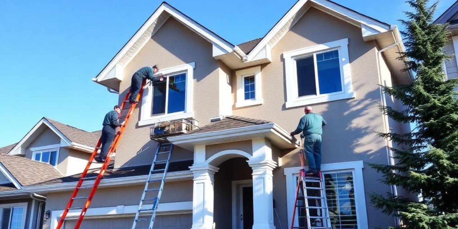 A beautiful Kelowna home with professional painters working on the exterior or a freshly painted interior.